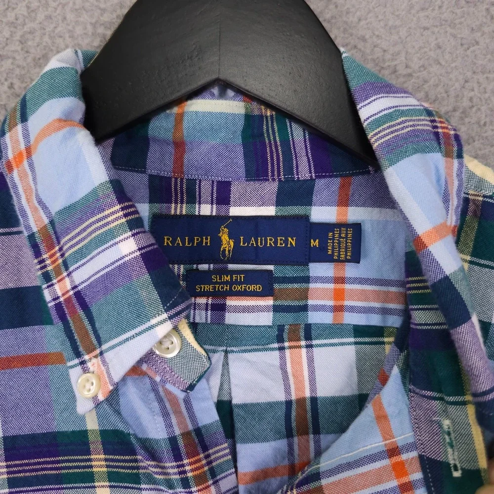 Polo Ralph Lauren Oxford Shirt Mens Medium Blue Plaid Slim Fit Stretch Button